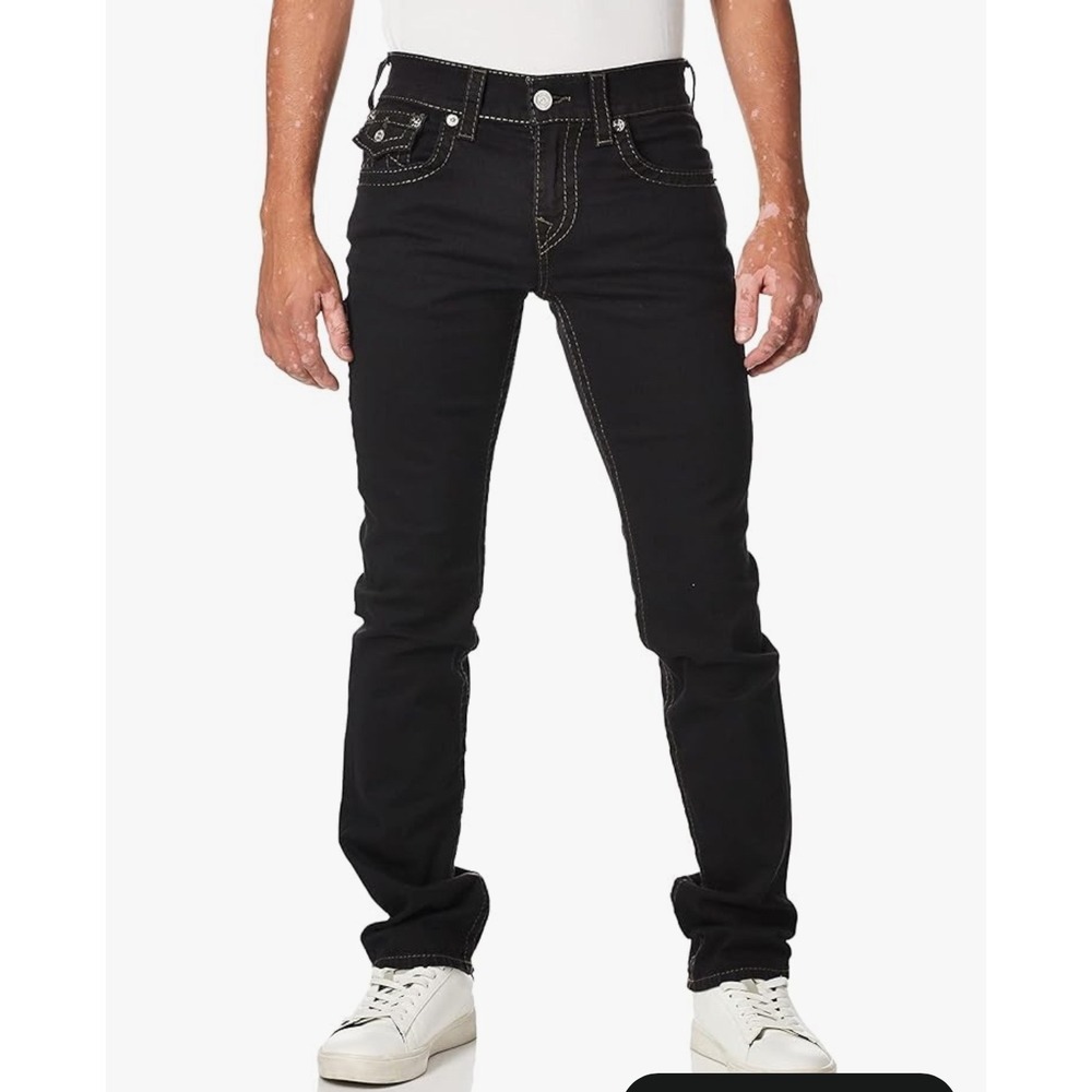 True Religion Ricky Relaxed Straight Black Contrast Stitch Jeans Mens 36